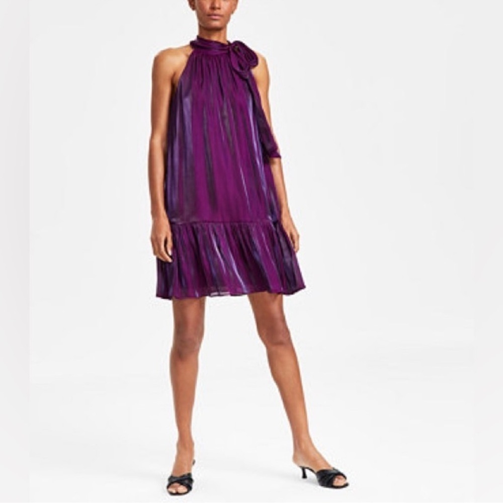 NWT Anne Klein Iridescent Tiered Dress Bow Tie Neck Party Cocktail Purple Sz 0